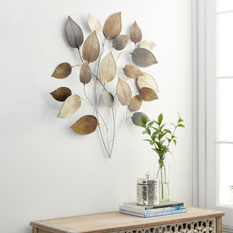View of Red Barrel Studio® Metal Textured Leaf Home Bronze Wall Decor with ...